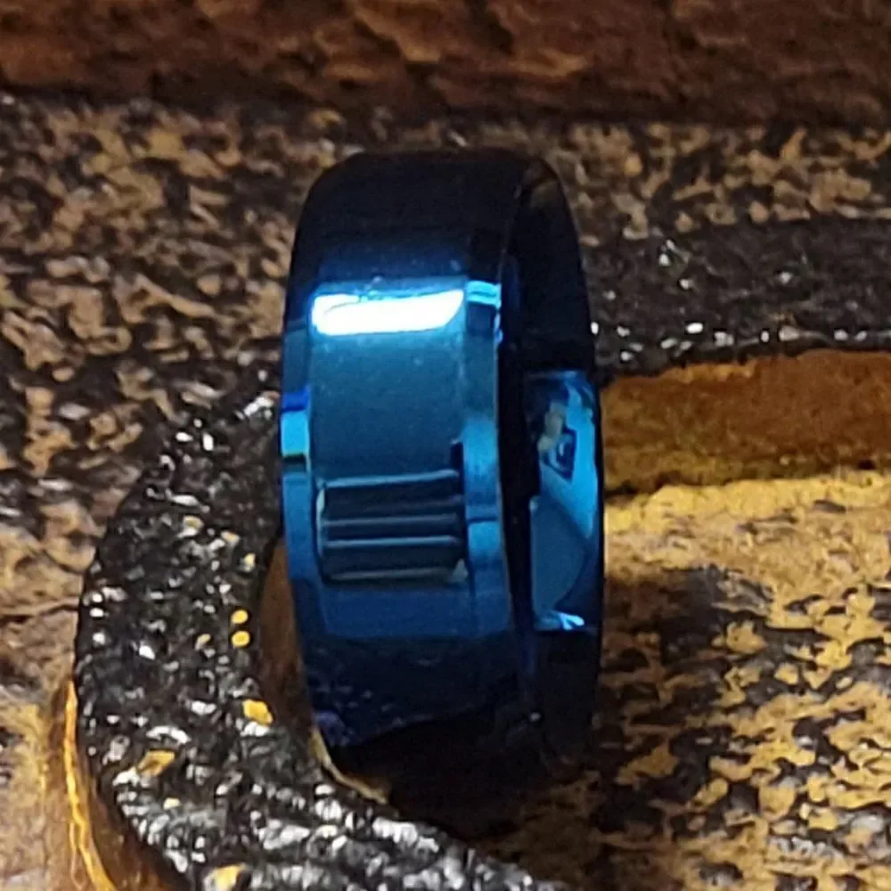Personalized Men's Wedding Ring - Engraved Matte Blue Wedding Ring For Guys - Picture 3 of 9